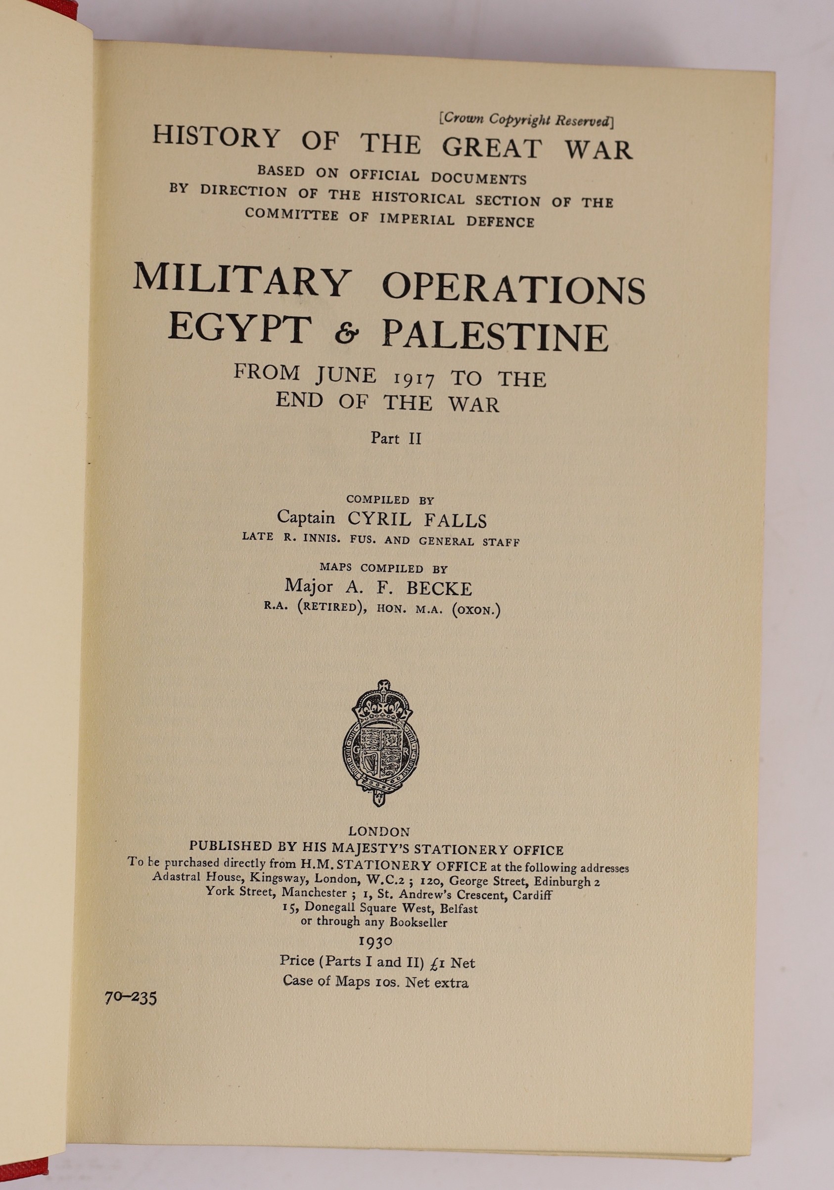 MacMunn, George Fletcher, Sir and Falls, Cyril, Military Operations Egypt & Palestine, 3 vols and 2 cloth drop-front boxes, 8vo, original red cloth, with 38 folded maps, sketches and photographs, HMSO, London, 1928-30